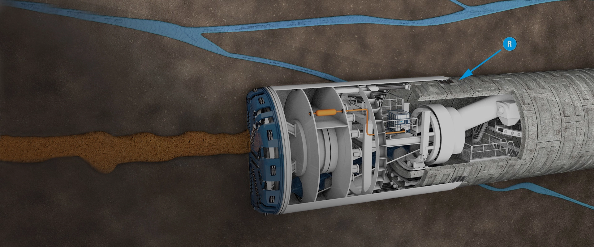 Cross section of a tunnel boring machine: The activator is added to the grout supply device and the mix is then injected into the annular space (marked R).